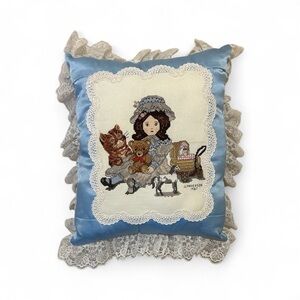Handmade VTG Victorian Pillow Blue Cross-Stitch Doll Teddy Kitty Lace Trim
